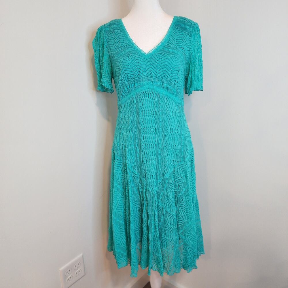 Rabbit Rabbit Rabbit Teal Lace Fit to Flare Dress Short Flutter Sleeve Womens 8